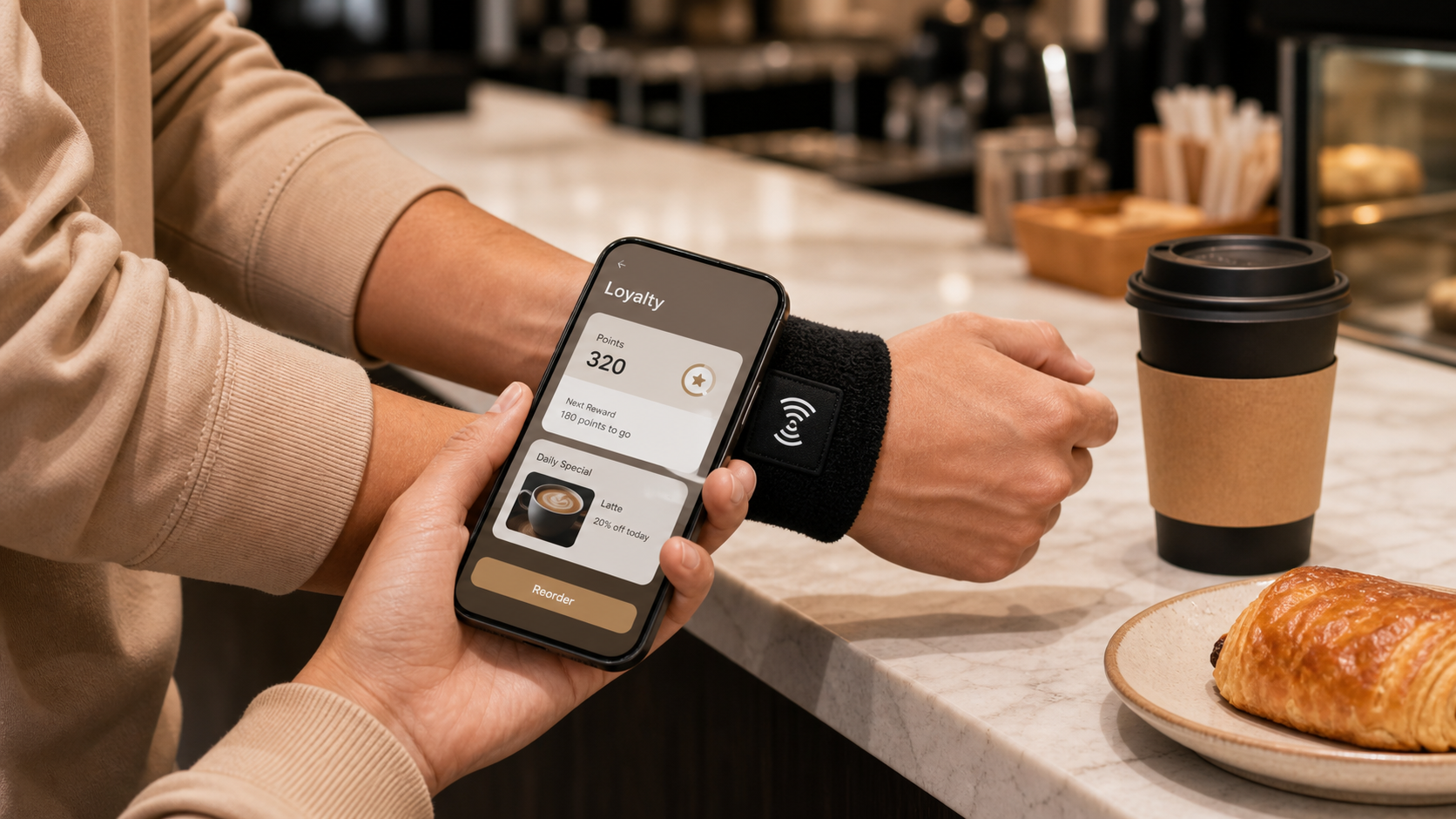 NFC wristband used for cafe loyalty interaction